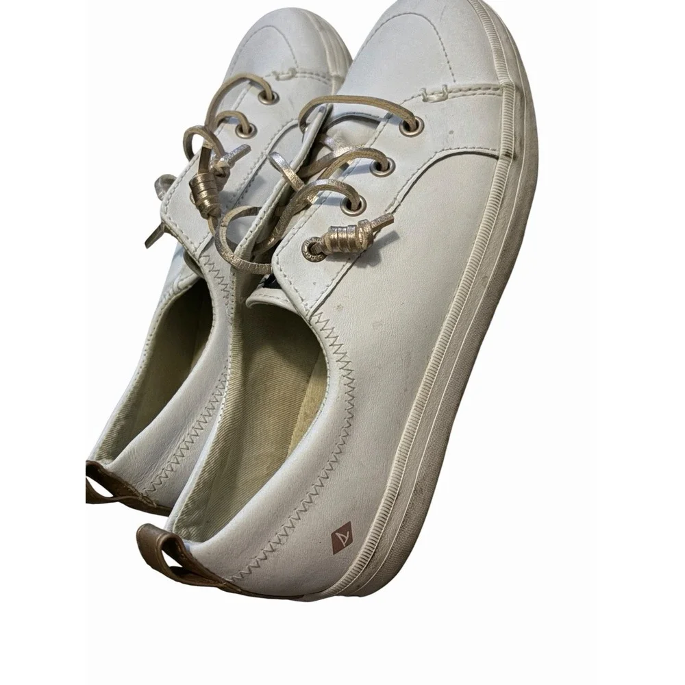 Sperry Top Sider Shoes 4 M White‎ Sneaker Gold Leather String Slip On Crest Vibe